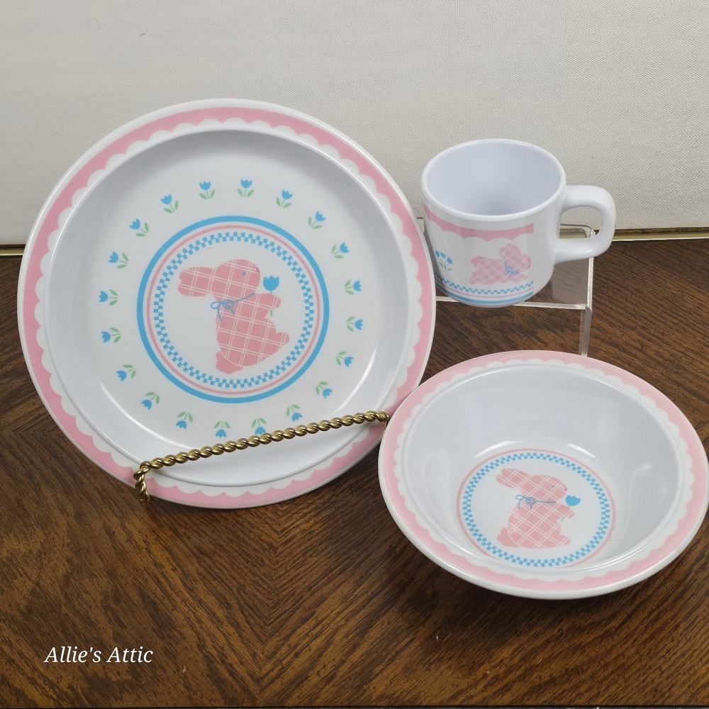 Hallmark Melamine Babys First Serving Set‎ Plate Bowl Mug Pink Bunny Easter New